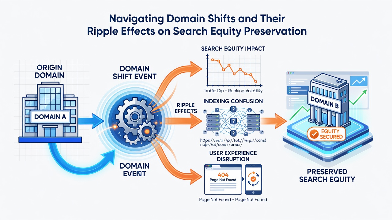 Graph depicting search traffic trends before and after domain migration with equity preservation tactics applied